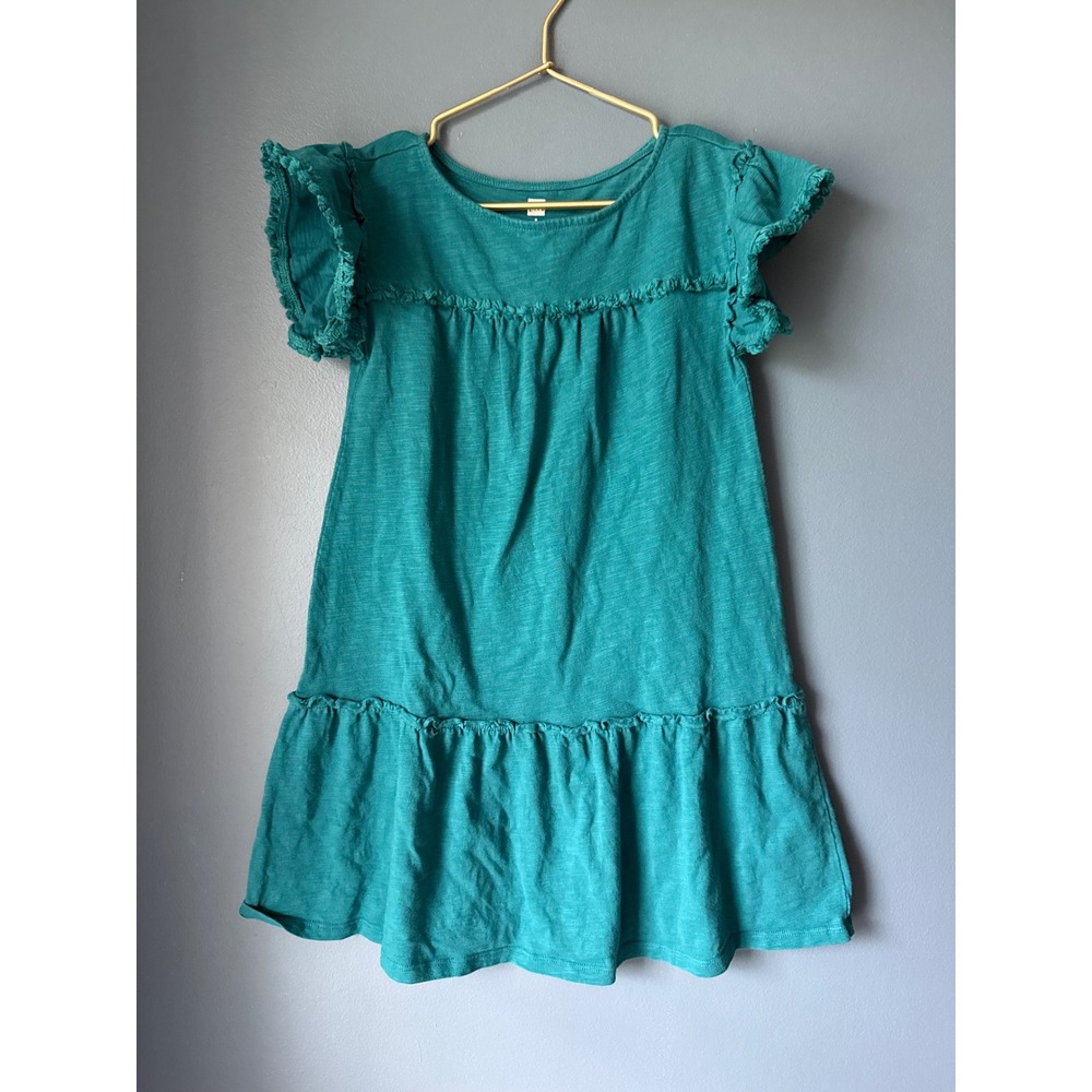 Tea Collection Girls Teal‎ Green Ruffle Flutter Sleeve Slub Cotton Dress Size 8